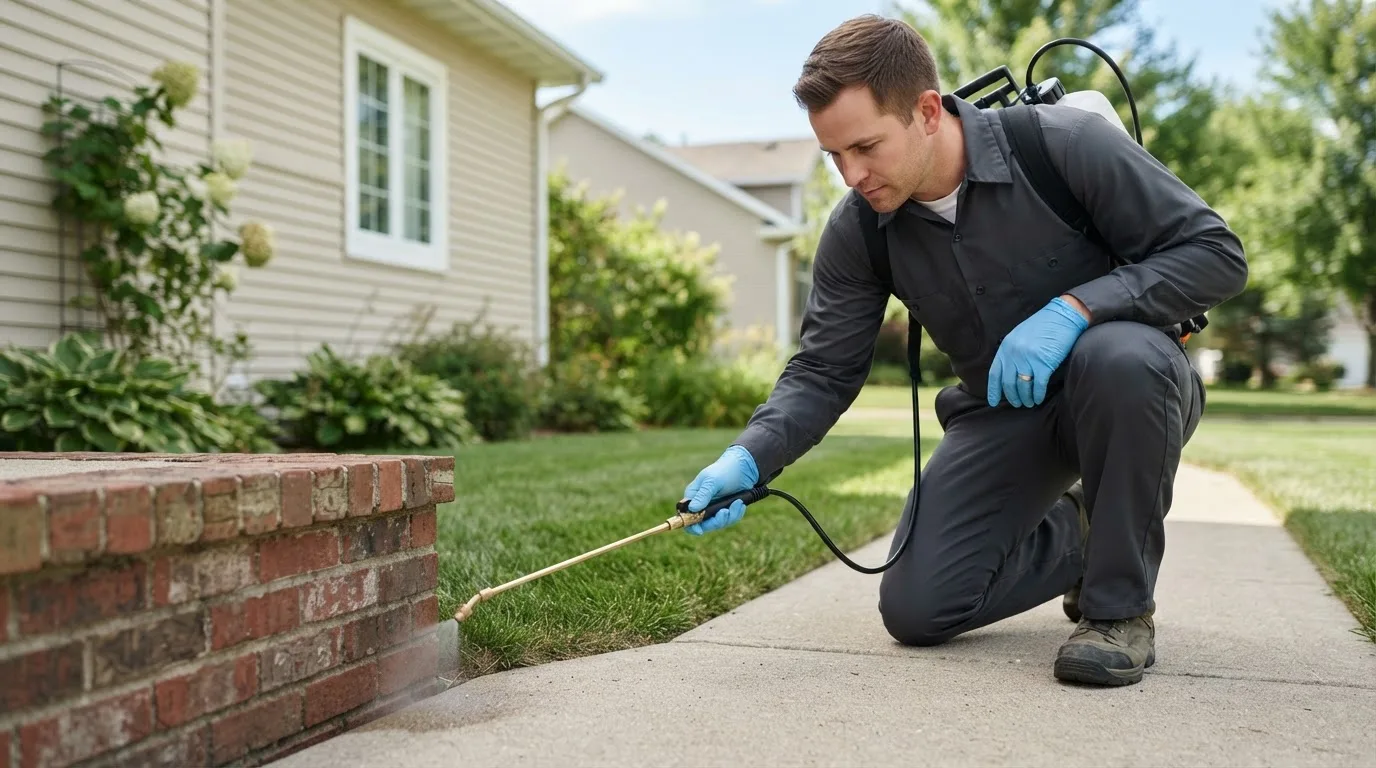 Pest control technician treating a home near Hewitt, MN