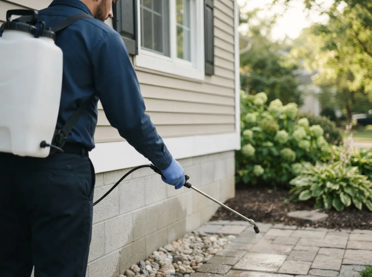 Pest control technician inspecting a home in Hewitt, MN
